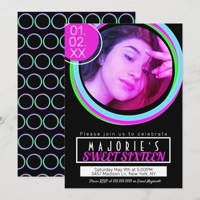 Invitación Dulces Dieciséis Fiesta Neon Club Estilo Glow (Anverso / Reverso)