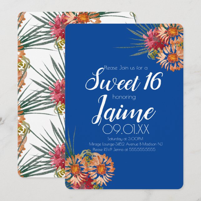 Invitación Dulces Dieciséis Floral Acuarela Tropical (Anverso / Reverso)