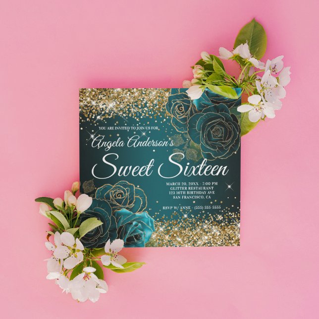 Invitación Dulces Dieciséis Florales Azul Turquesa Brillo Dor (Create your own Sweet 16 birthday invitation for her.)