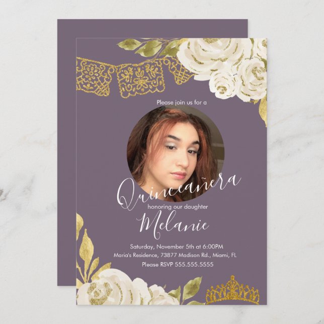 Invitación Dulces Dieciséis Florales Falsos de Marfil con Bri (Anverso / Reverso)