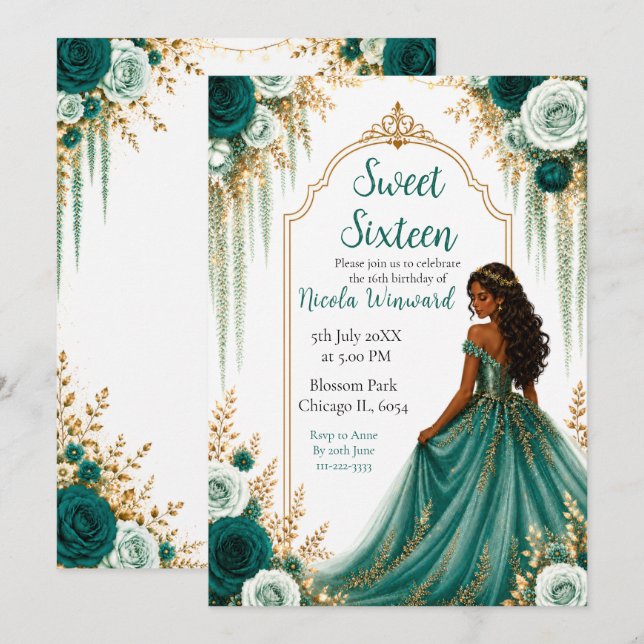 Invitación Dulces Dieciséis Florales Verde Turquesa Profundo  (Anverso / Reverso)