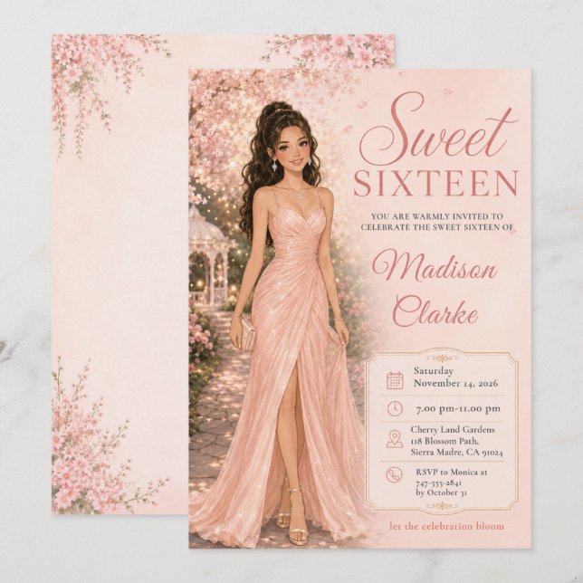 Invitación Dulces Dieciséis Flores de Cerezo Rosadas (Anverso / Reverso)