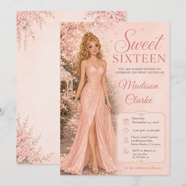 Invitación Dulces Dieciséis Flores de Cerezo Rosadas (Anverso / Reverso)
