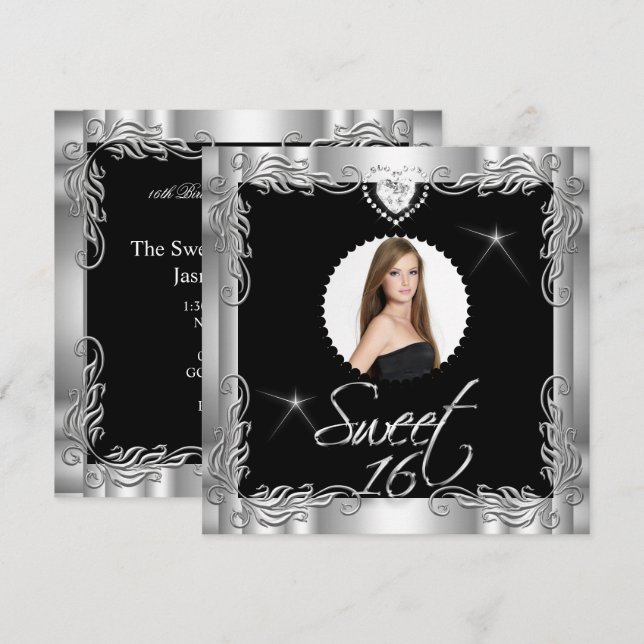 Invitación Dulces Dieciséis Foto de Plata Negra (Anverso / Reverso)