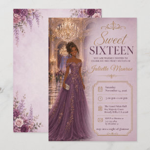 Invitación Dulces Dieciséis Glamour de Salón de Baile Púrpura