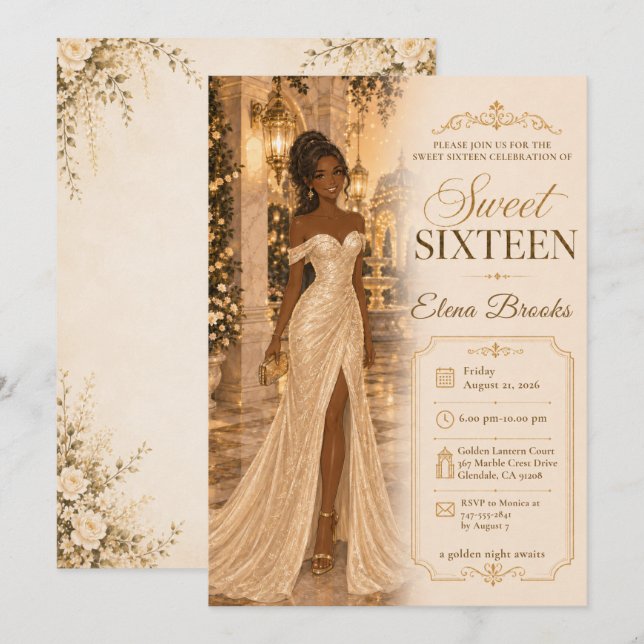 Invitación Dulces Dieciséis Glamour Dorado (Anverso / Reverso)