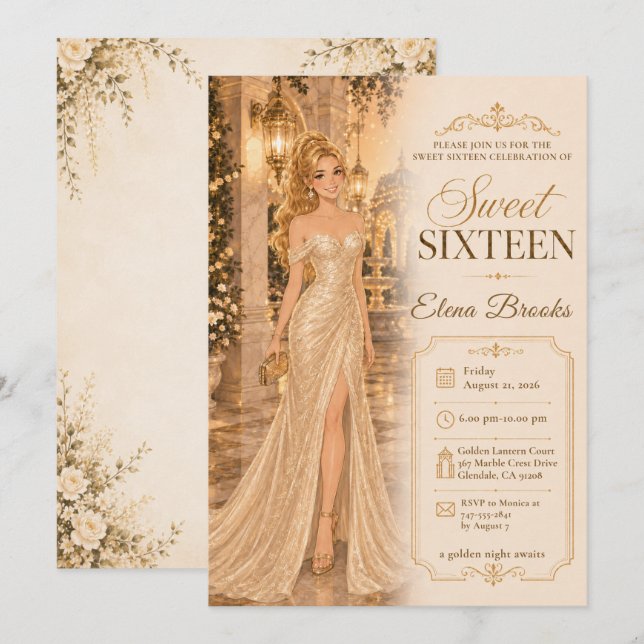 Invitación Dulces Dieciséis Glamour Dorado (Anverso / Reverso)