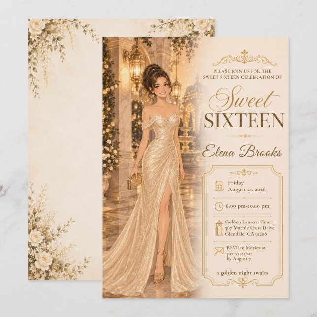 Invitación Dulces Dieciséis Glamour Dorado (Anverso / Reverso)