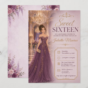 Invitación Dulces Dieciséis Glamour Salón de Baile Púrpura