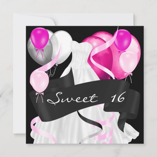 Invitación Dulces Dieciséis Globos de Vestido Negro Rosa Blan (Anverso)