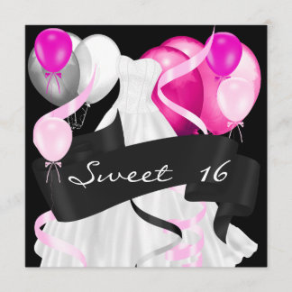 Invitación Dulces Dieciséis Globos de Vestido Negro Rosa Blan