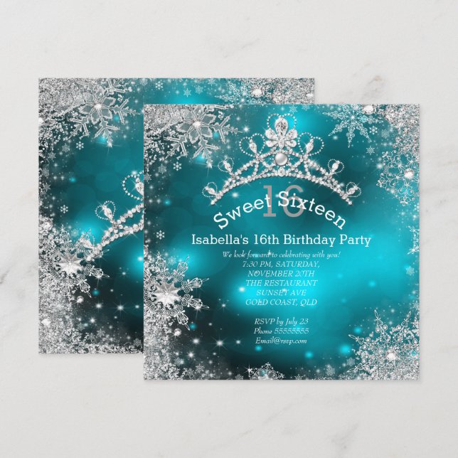 Invitación Dulces Dieciséis Invierno Maravilla Plata Turquesa (Anverso / Reverso)