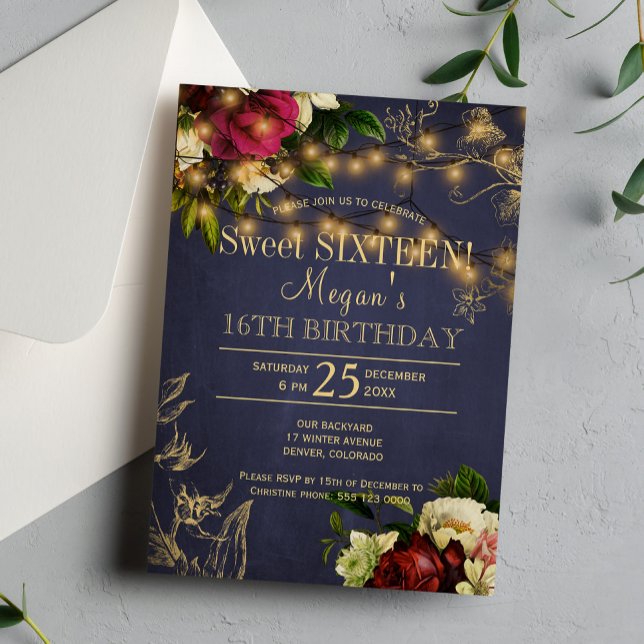 Invitación Dulces dieciséis luces doradas florales invierno r (Subido por el creador)