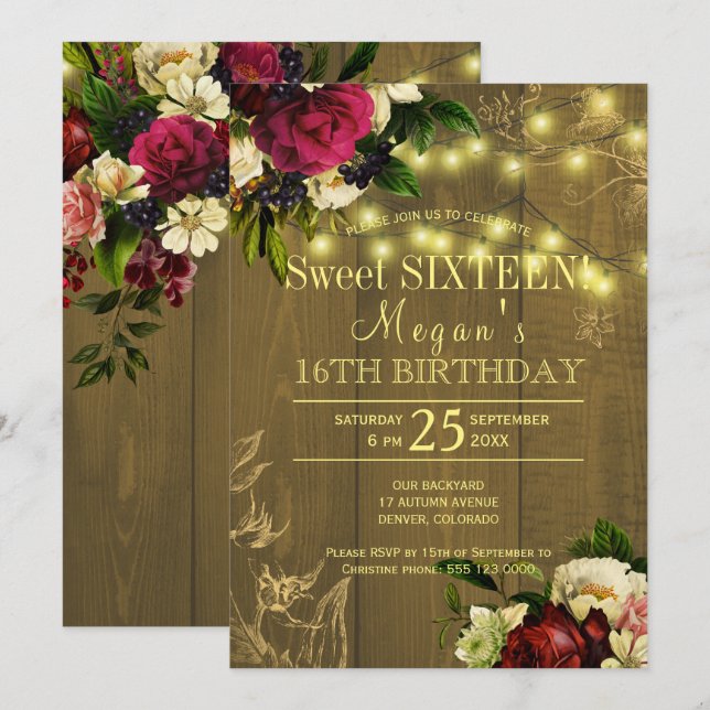 Invitación Dulces dieciséis luces doradas madera floral otoño (Anverso / Reverso)