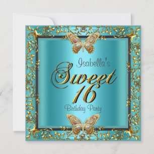 Invitación Dulces Dieciséis Mariposa Azul Teal Dorada 16