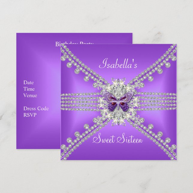 Invitación Dulces Dieciséis Mariposa Lila Perla 2 (Anverso / Reverso)
