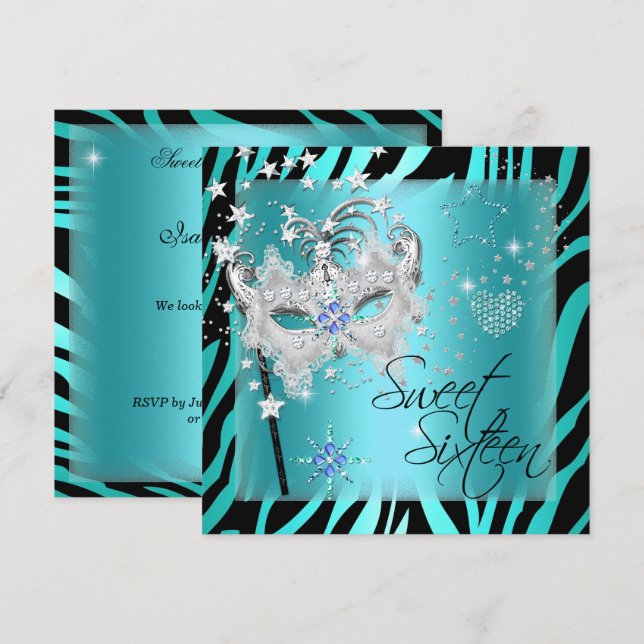 Invitación Dulces Dieciséis Mascarada Cebra Azul Turquesa (Anverso / Reverso)