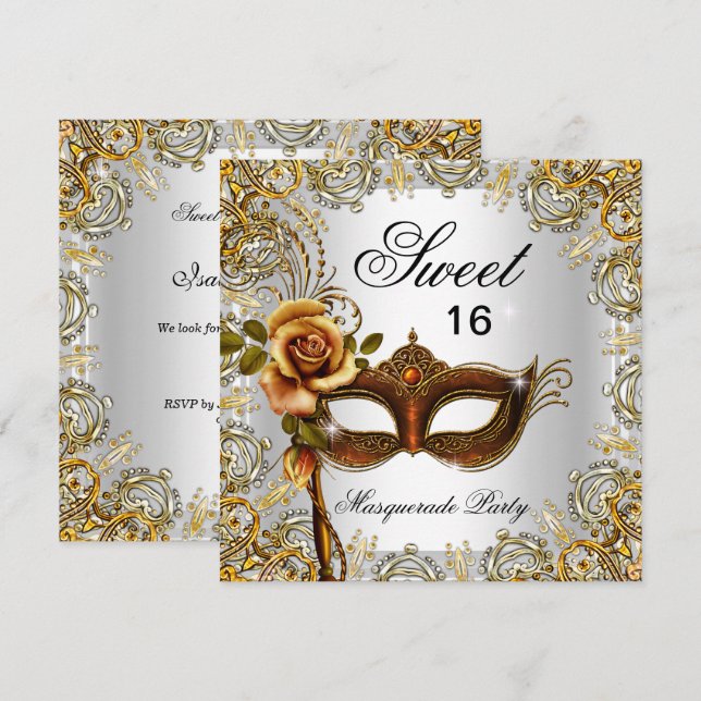 Invitación Dulces Dieciséis Mascarada de Oro 2 (Anverso / Reverso)