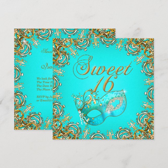 Invitación Dulces Dieciséis Mascarada Dorado Teal (Anverso / Reverso)