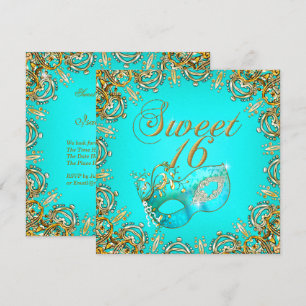 Invitación Dulces Dieciséis Mascarada Dorado Teal