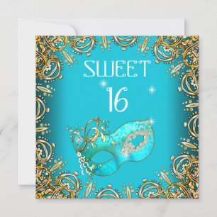 Invitación Dulces Dieciséis Mascarada Dorado Turquesa