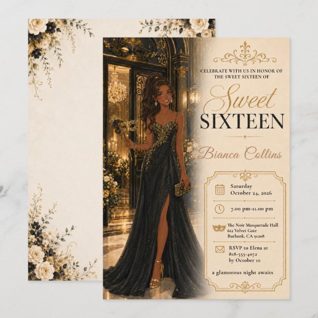 Invitación Dulces Dieciséis Mascarada Glamour (Anverso / Reverso)