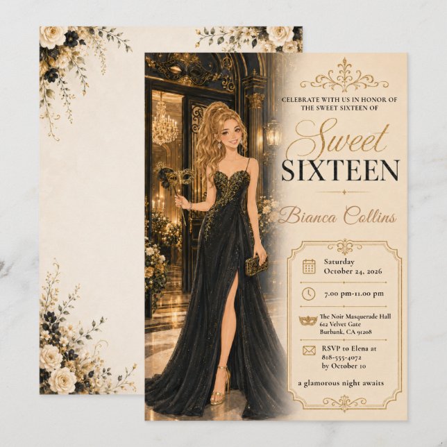 Invitación Dulces Dieciséis Mascarada Glamour (Anverso / Reverso)