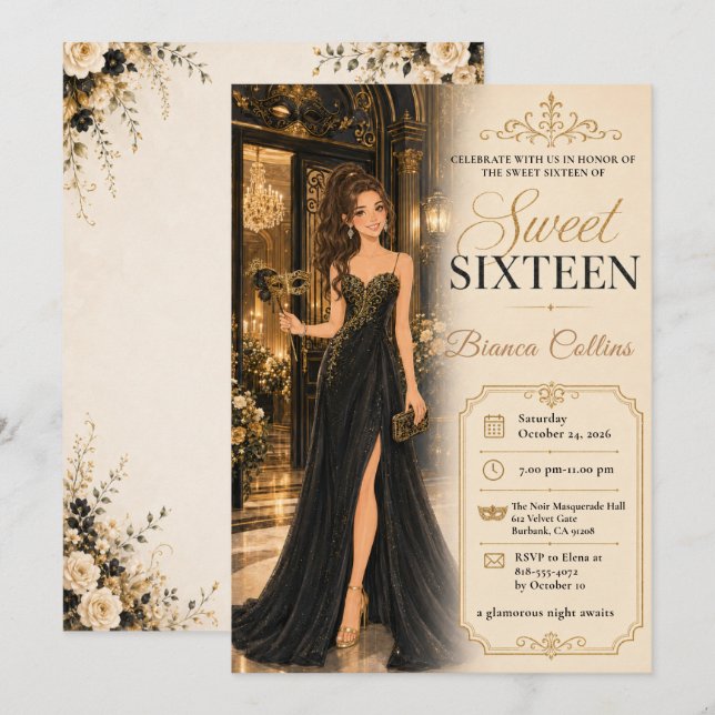 Invitación Dulces Dieciséis Mascarada Glamour (Anverso / Reverso)