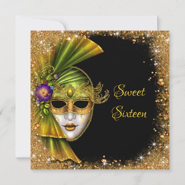 Invitación Dulces Dieciséis, Mascarada, Purpurina  (Anverso)