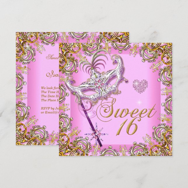 Invitación Dulces Dieciséis Mascarada Rosa Dorado (Anverso / Reverso)