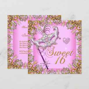 Invitación Dulces Dieciséis Mascarada Rosa Dorado