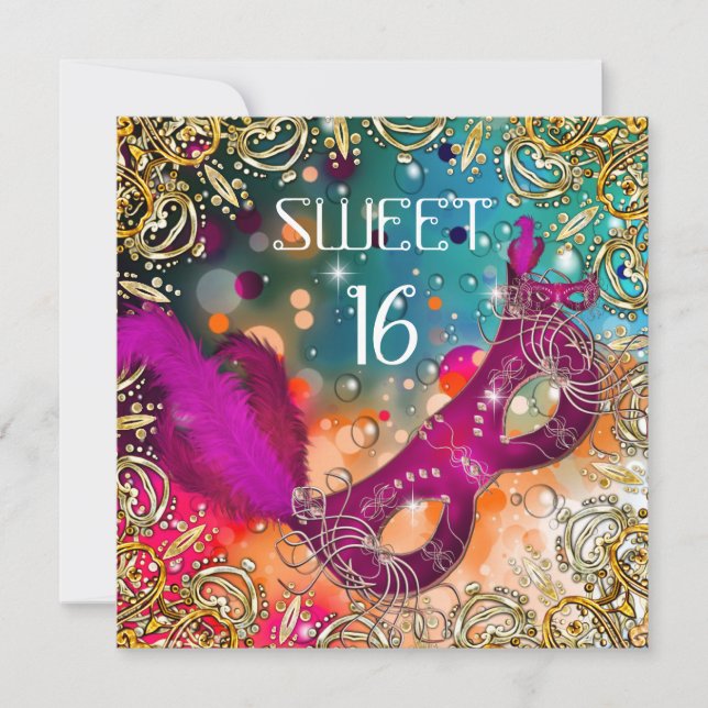 Invitación Dulces Dieciséis Mascarada Rosa Turquesa (Anverso)