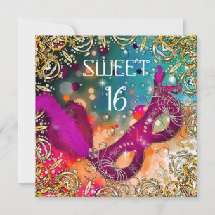 Invitación Dulces Dieciséis Mascarada Rosa Turquesa
