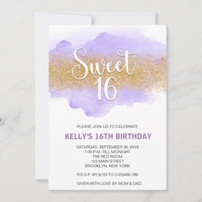 Invitación Dulces Dieciséis Moderno Acuarela Púrpura (Anverso)