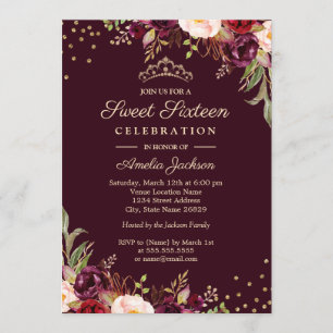 Invitación Dulces Dieciséis Oro Borgoña floral Brillo
