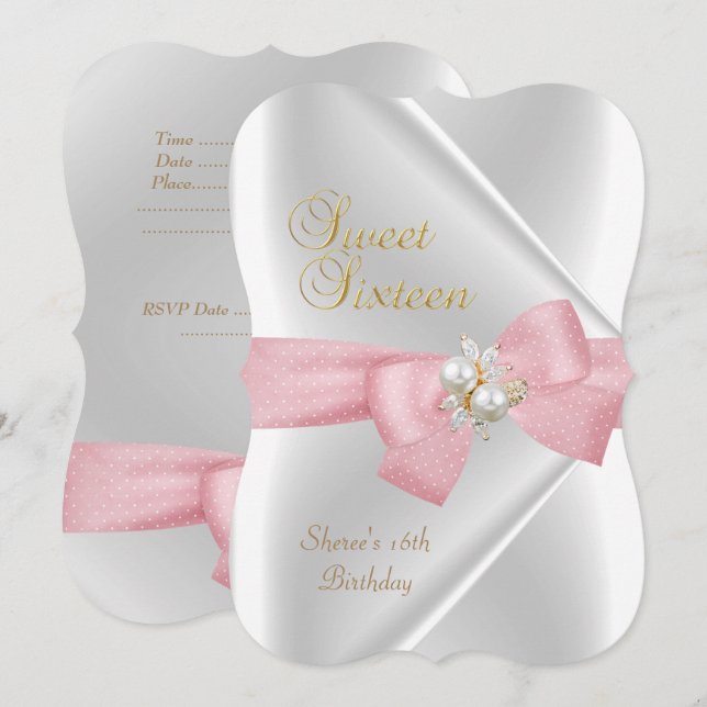Invitación Dulces Dieciséis Perla Blanca Joya Lazo Rosa (Anverso / Reverso)