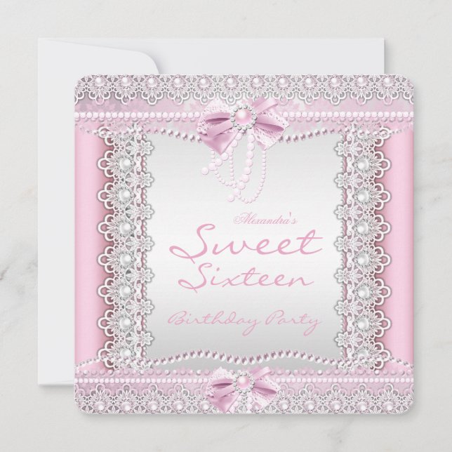 Invitación Dulces Dieciséis Perlas Blancas Rosadas Lazo de En (Anverso)