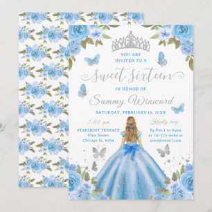Invitación Dulces Dieciséis Princesa Azul Floral Tiara de Pla