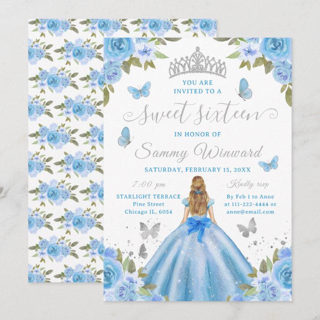 Invitación Dulces Dieciséis Princesa Azul Floral Tiara de Pla (Anverso / Reverso)