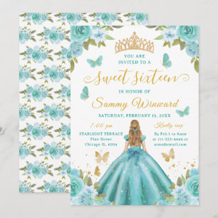 Invitación Dulces Dieciséis Princesa Turquesa Floral Tiara Do