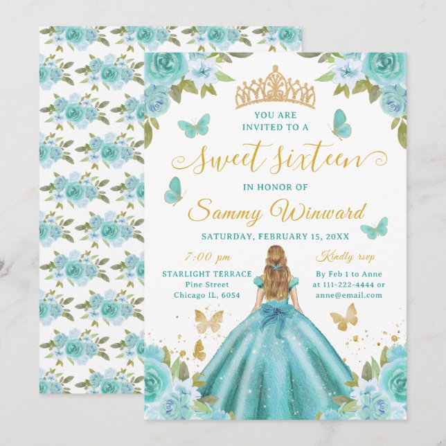 Invitación Dulces Dieciséis Princesa Turquesa Floral Tiara Do (Anverso / Reverso)