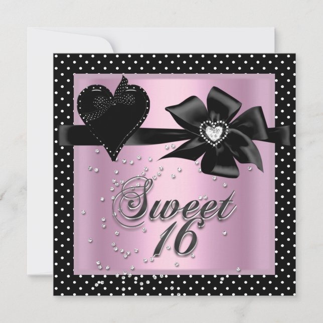 Invitación Dulces Dieciséis Punto Pink Negro Lunares (Anverso)