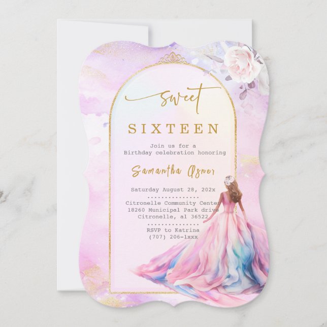 Invitación Dulces Dieciséis Rosa Brillante y Dorado (Anverso)