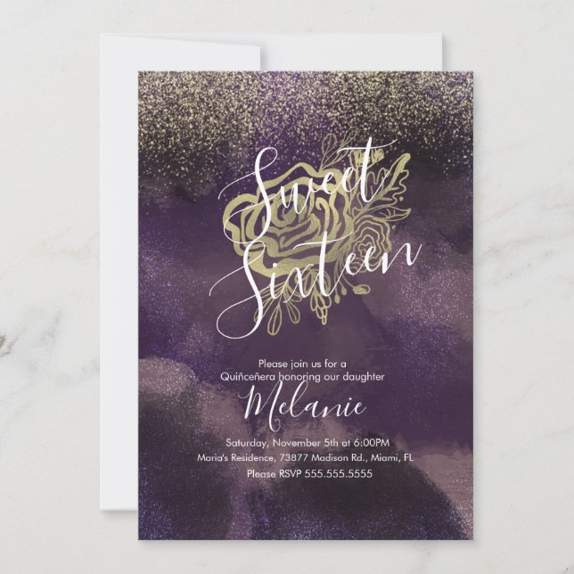 Invitación Dulces Dieciséis Rosa Purpura Dorada con Brillo Fa (Anverso)