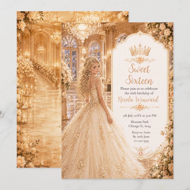 Invitación Dulces Dieciséis Salón de Baile Champagne Gold (Anverso / Reverso)