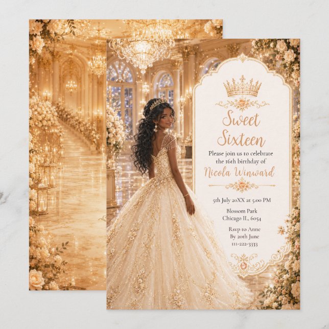 Invitación Dulces Dieciséis Salón de Baile Champagne Gold (Anverso / Reverso)