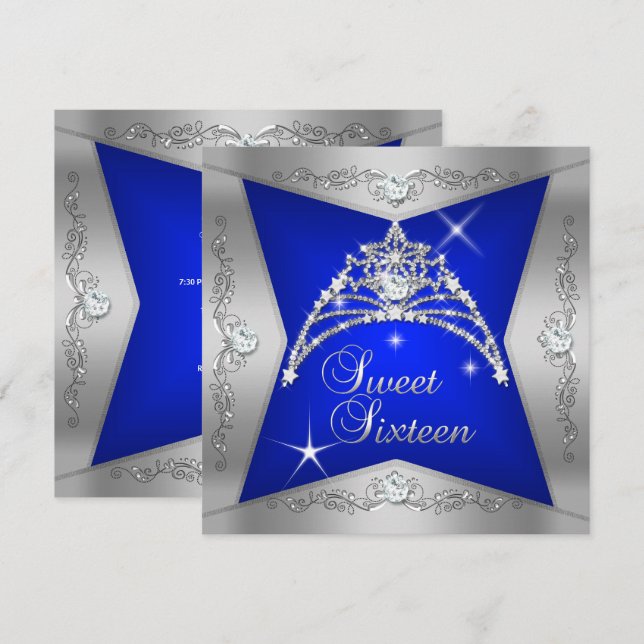 Invitación Dulces Dieciséis Tiara Azul Plateado (Anverso / Reverso)