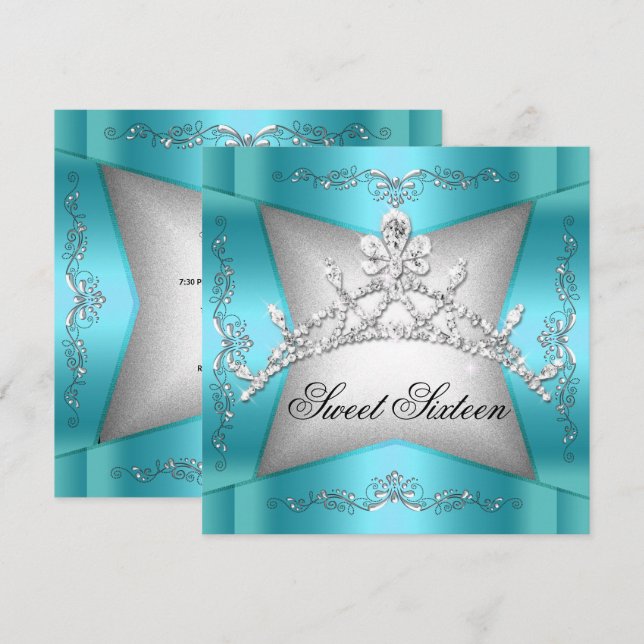 Invitación Dulces Dieciséis Tiara Azul Teal Plata (Anverso / Reverso)