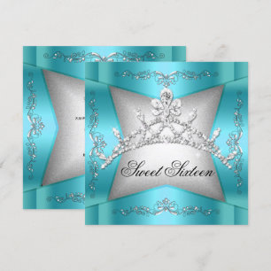 Invitación Dulces Dieciséis Tiara Azul Teal Plata