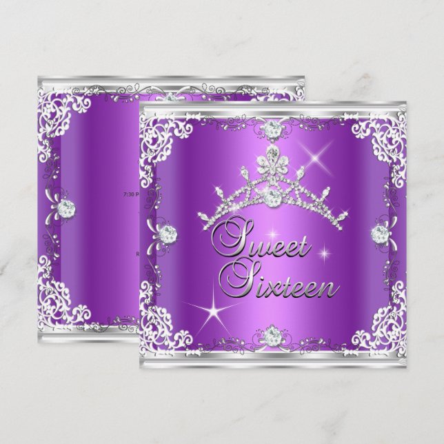 Invitación Dulces Dieciséis Tiara de Diamantes de Plata Púrpu (Anverso / Reverso)